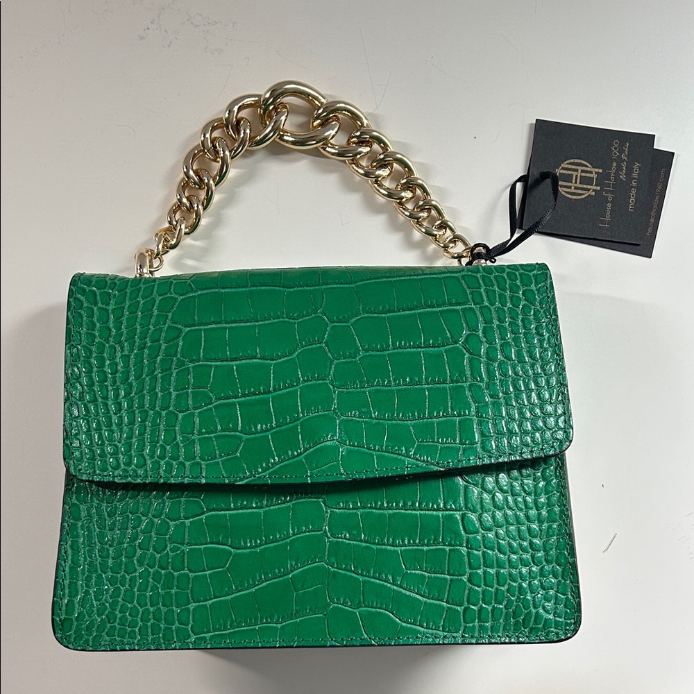 House of Harlow Green Croc-Embossed Top Handle Bag with Chunky Gold Chain